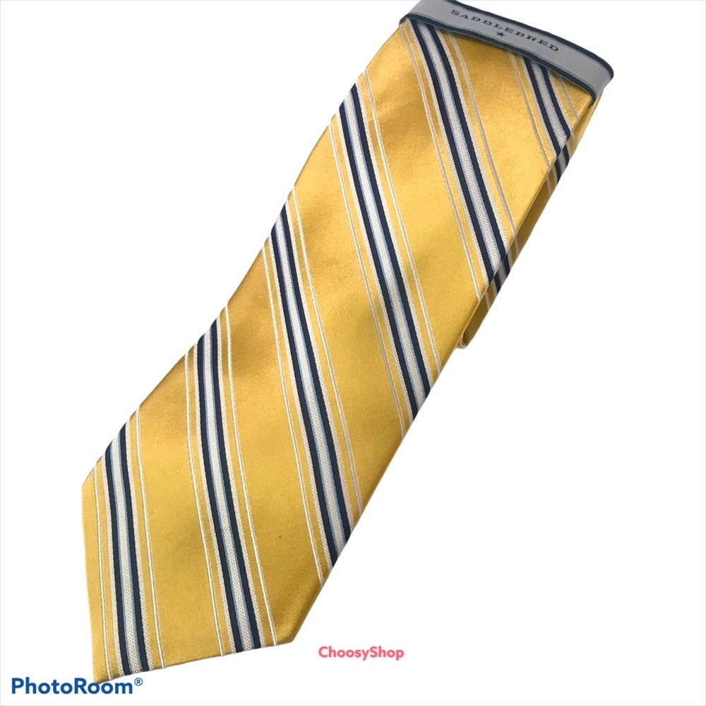 NWT Silk Tie Stain Resistant Treated handmade Saddlebred Yellow with Blue Stripe